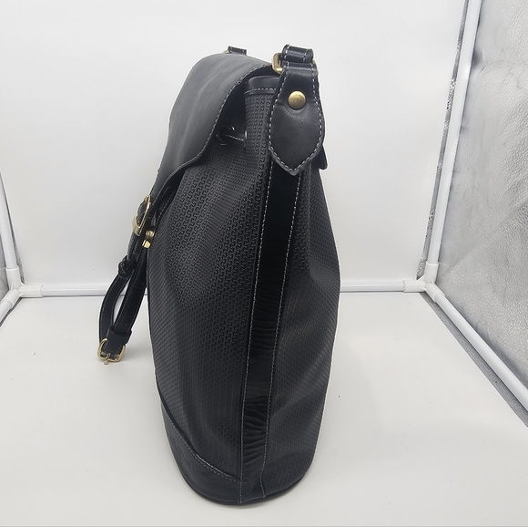 CHARLES JOURDAN Vintage Coated Canvas Black Leather Drawstring Bucket Bag - Picture 6 of 15